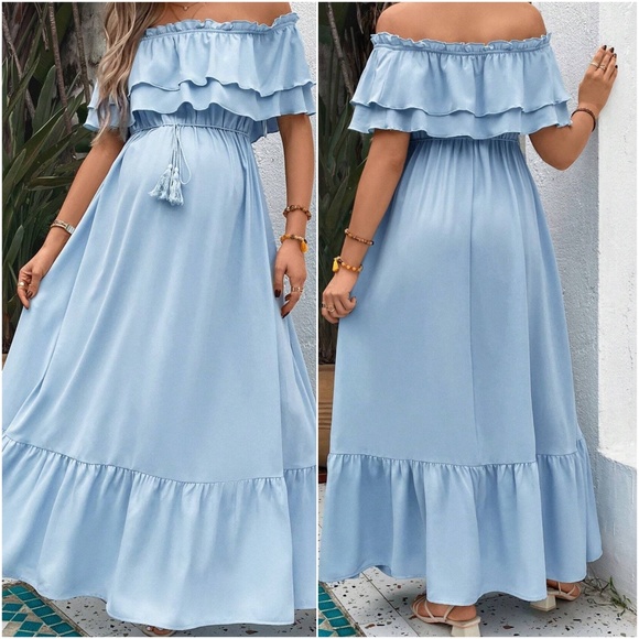 Maternity Off Shoulder ruffle Hem Stretchy Waist Maxi Dress - Picture 8 of 8